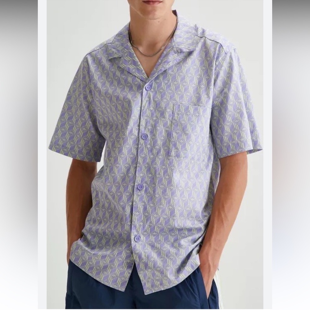 Adidas Allover Logo Print Button-Up Shirt Mens Small Purple & Yellow 3-Stripe